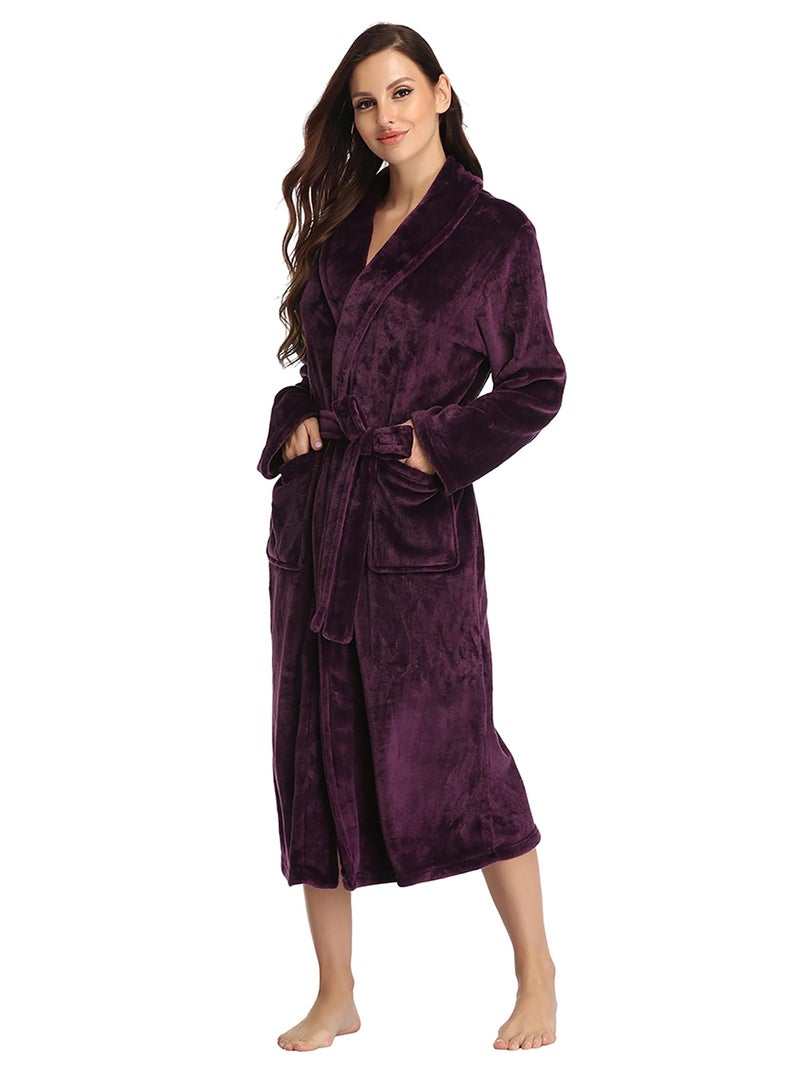 RONGTAI Womens Bathrobe Ladies Fleece Plush Warm Long Robes (Large,Dark Purple) - Image 1